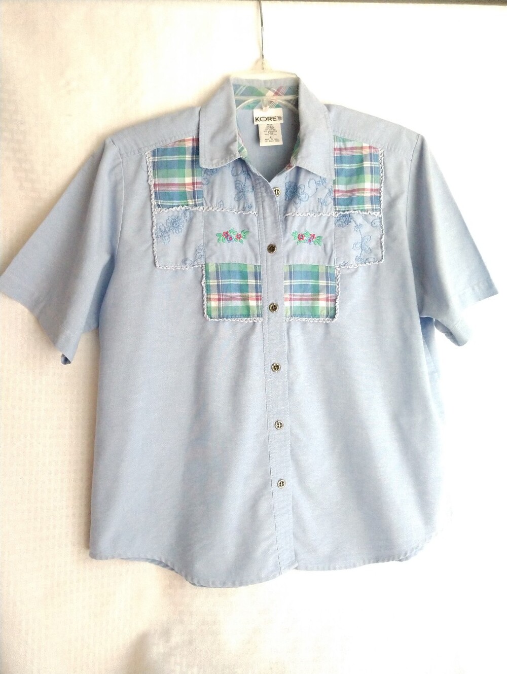 Cute Vintage Koret Chambray Patchwork Short Sleeve Camp Shirt Blue Cottagecore L